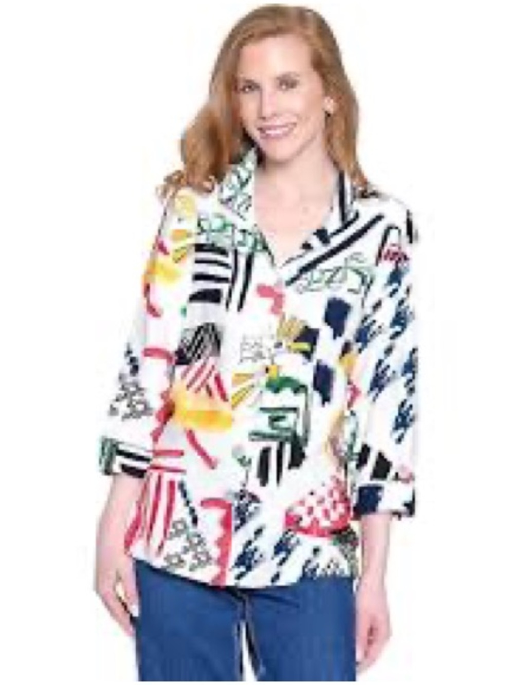 Ali Miles Multicolor Abstract Print Artsy White Jacket Button Front small